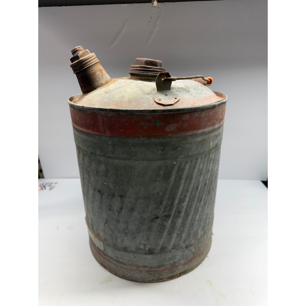 Vintage Galvanized Steel Gas Can Rustic Metal Fuel Jug with Wood Handle Patina